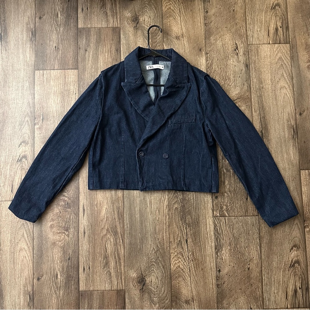 ZARA Double Breasted Cropped Denim Blazer Jacket Women’s Size M Dark Blue